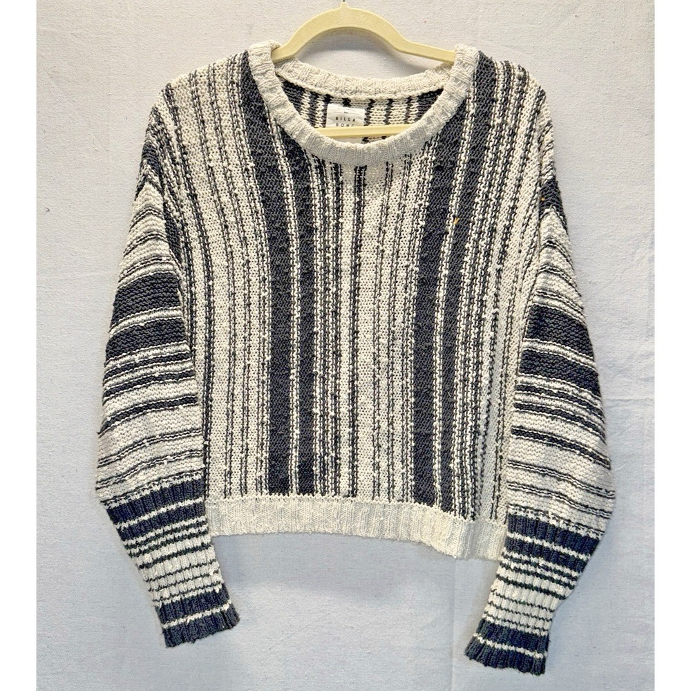 Billabong Striped Knit Sweater Women Medium Grey White Cotton Ramie Coastal Boho